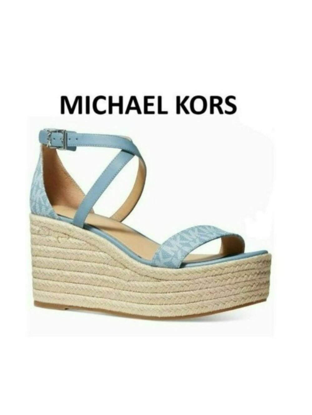 MICHAEL KORS SERENA LOGO BUCKLE WEDGE SANDAL, SZ 9, 9.5, NIB